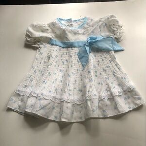 Vintage Floral Baby Dress with Blue Ribbon
